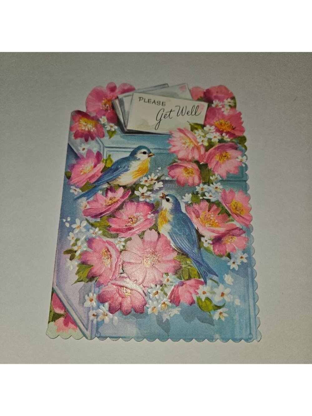 VTG Get Well Greeting Card Scalloped Edges QC Blue Birds Pink Flowers NEVER USED
